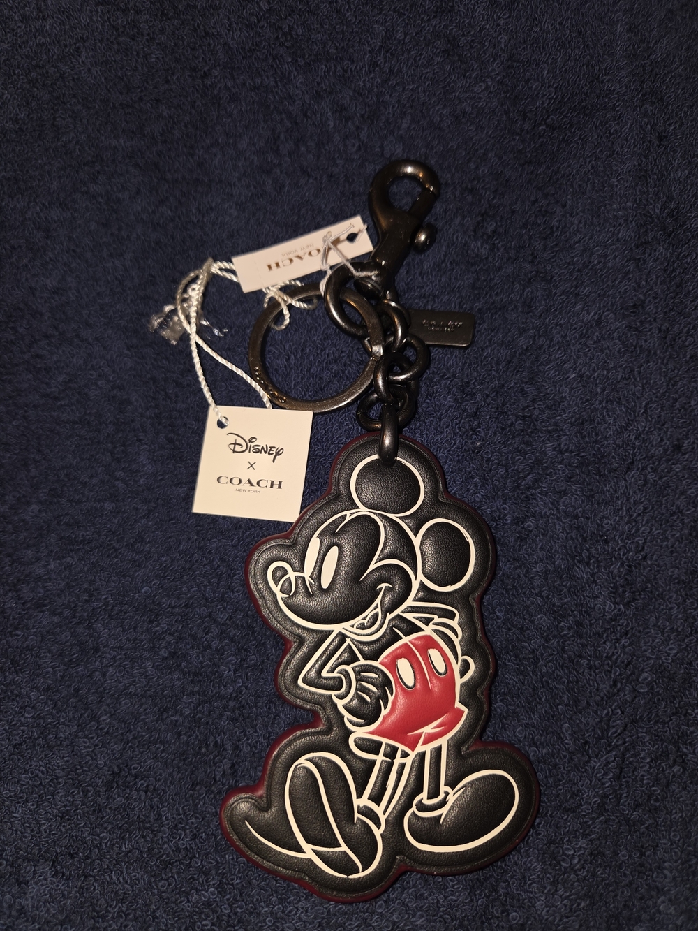 Coach Disney Mickey Mouse Black Leather Keychain with Red Accent